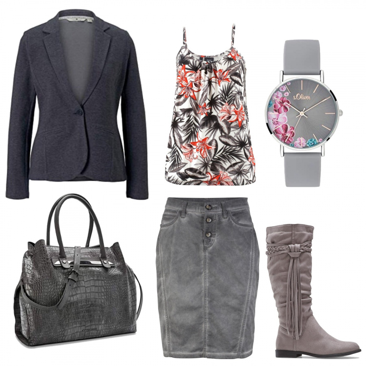Outfit donna - Formale ma con un tocco di colore. Stile Bon Ton per Ufficio. Abbinamento con top, gonne, stivali, blazer, borse a mano, orologi analogici.