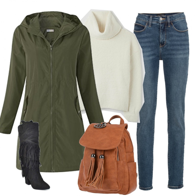 Outfit donna - Semplicemente trendy. Stile Trendy per Tutti i giorni. Abbinamento con jeans skinny, zaini, pullovers, stivaletti texani, cappotti.