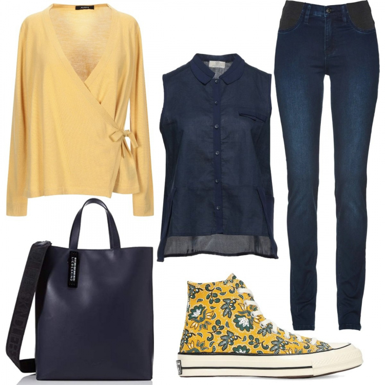 Outfit donna - Lezioni di primavera. Stile Basic per Scuola/Università. Abbinamento con jeans, top, camicie, sneakers, borse tote.