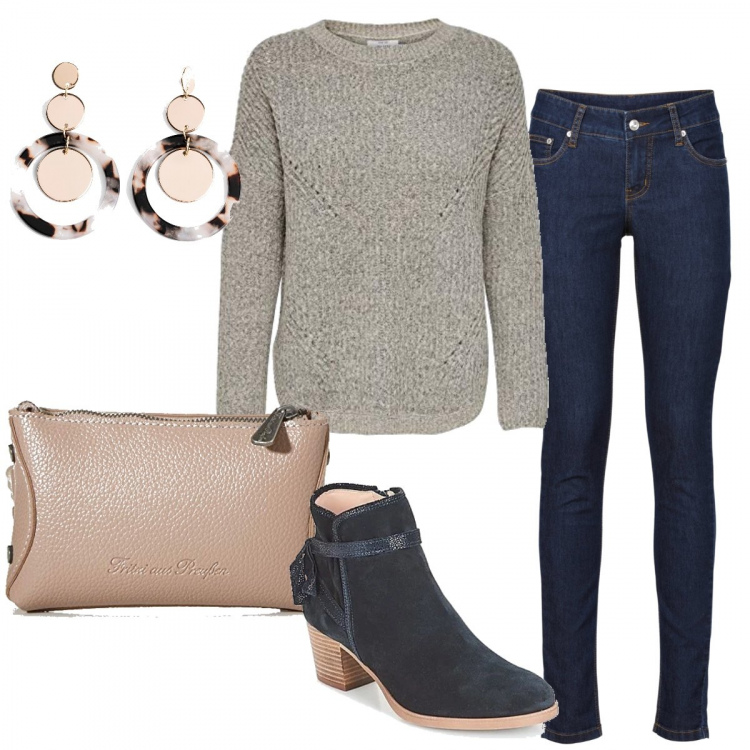 Outfit donna - Basic #8239. Stile Basic per Tutti i giorni. Abbinamento con jeans skinny, orecchini, stivaletti, maglioni, borse a spalla.