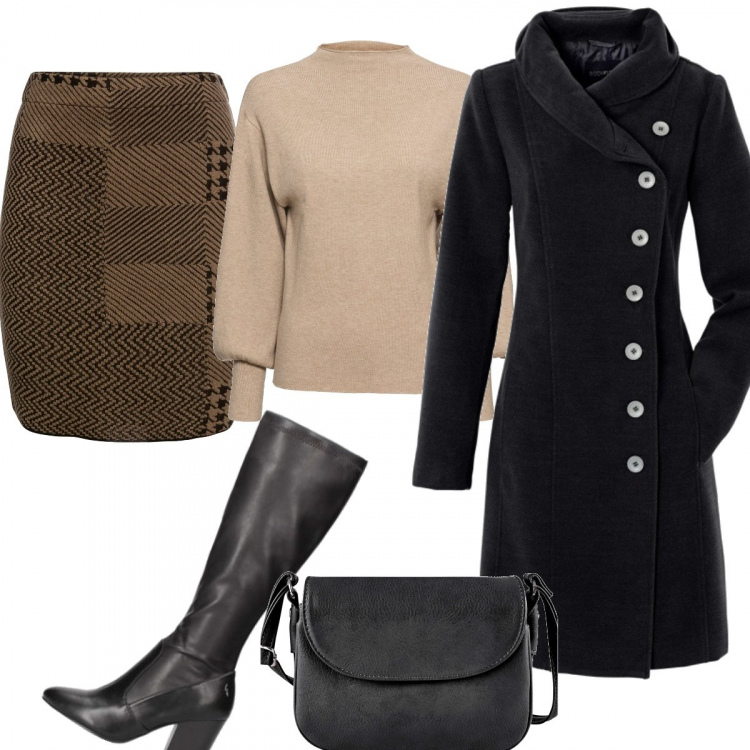 Outfit donna - Basic #8242. Stile Basic per Tutti i giorni. Abbinamento con maglieria, cappotti, minigonne, borse a tracolla, stivali.