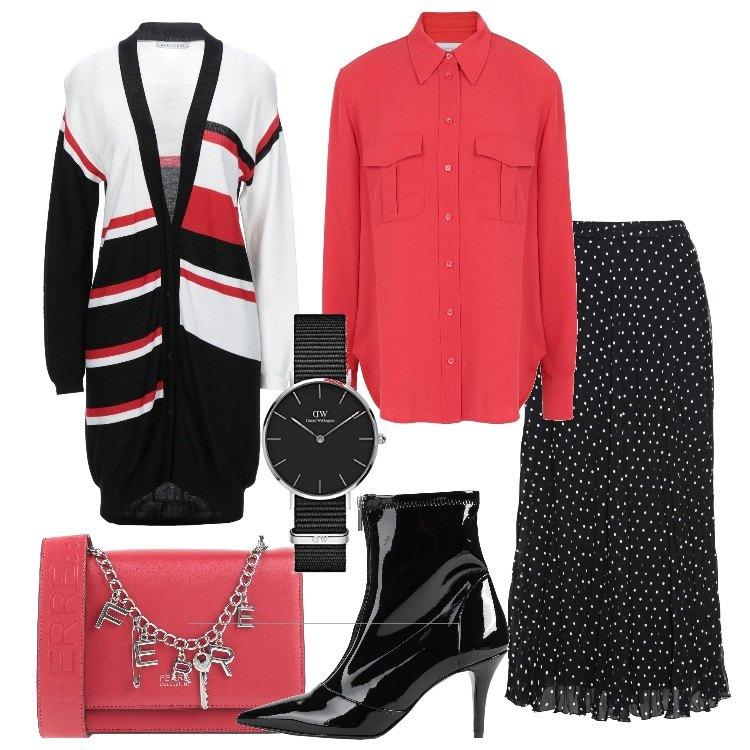 Outfit donna - Con stile in ufficio. Stile Trendy per Ufficio. Abbinamento con gonne, camicie, cardigans, stivaletti, borse a mano, orologi.