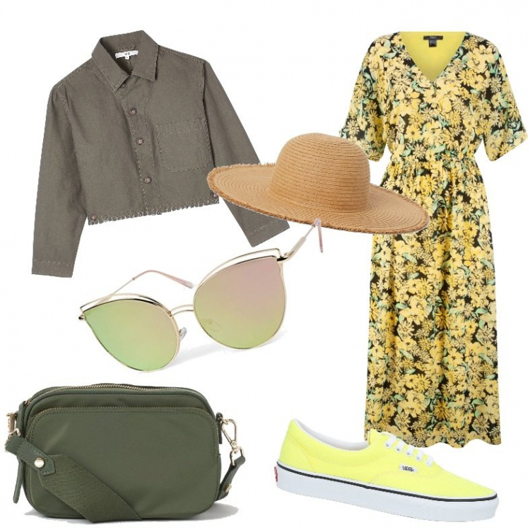 Outfit donna - Benvenuta primavera!. Stile Basic per Tutti i giorni. Abbinamento con vestiti lunghi, sneakers, borse a tracolla, blazer, cappelli, occhiali da sole.