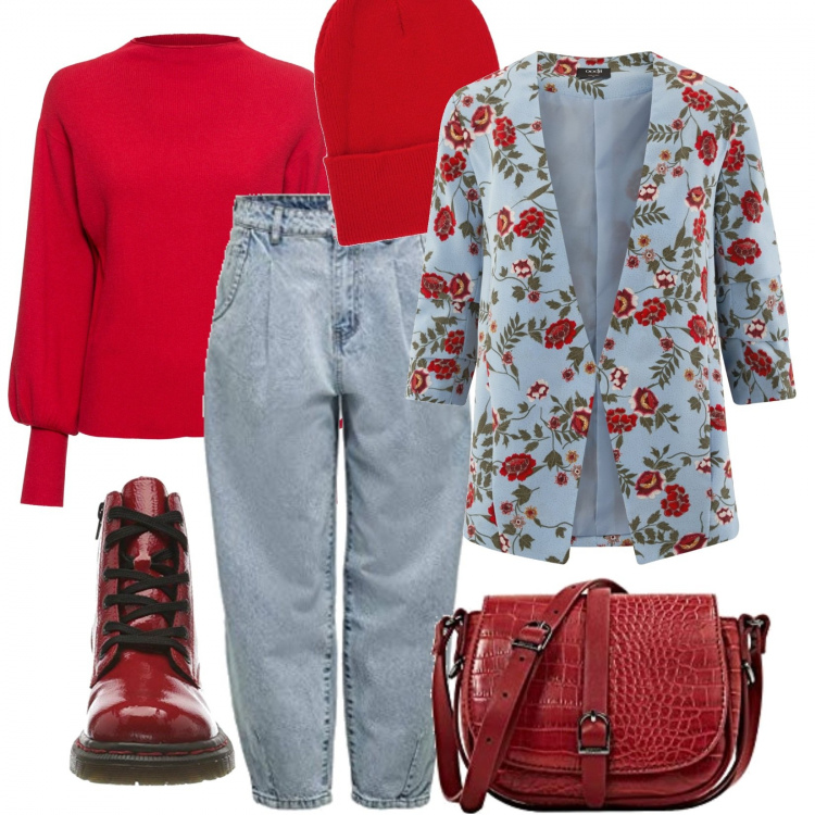 Outfit donna - Deliziosa giacca a fiori. Stile Urban per Tutti i giorni. Abbinamento con maglieria, berretti, blazer, pantaloni, stivali, borse a tracolla.