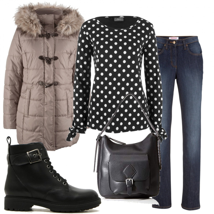 Outfit donna - Tutti i giorni. Stile Basic per Tutti i giorni. Abbinamento con jeans dritti, maglieria, piumini, anfibi, borse a spalla.