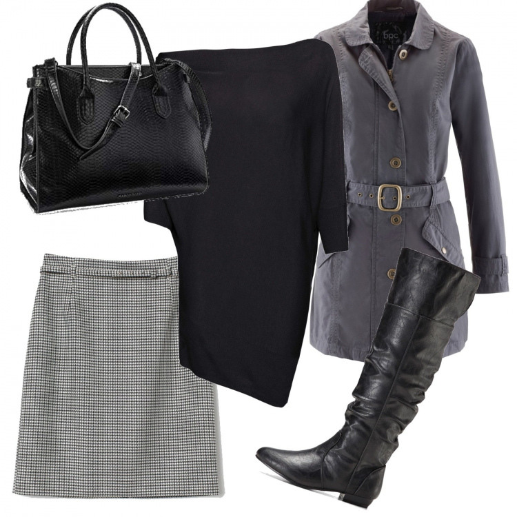 Outfit donna - È venerdì!. Stile Trendy per Ufficio. Abbinamento con stivali sopra il ginocchio, trench, maglioni, minigonne, borse a spalla.