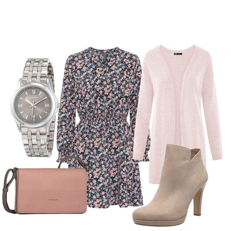 Outfit donna - Basic #8307. Stile Basic per Tutti i giorni. Abbinamento con vestiti, cardigans, stivaletti, borse a spalla, orologi analogici.