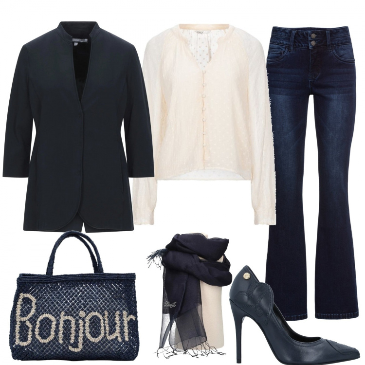 Outfit donna - Bonjour madame. Stile Trendy per Tutti i giorni. Abbinamento con jeans bootcut, borse a mano, décolleté, bluse, giacche, sciarpe.