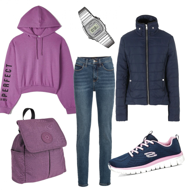 Outfit donna - A scuola!. Stile Urban per Scuola/Università. Abbinamento con jeans skinny, sneakers, zaini, piumini, felpe con cappuccio, orologi digitali.