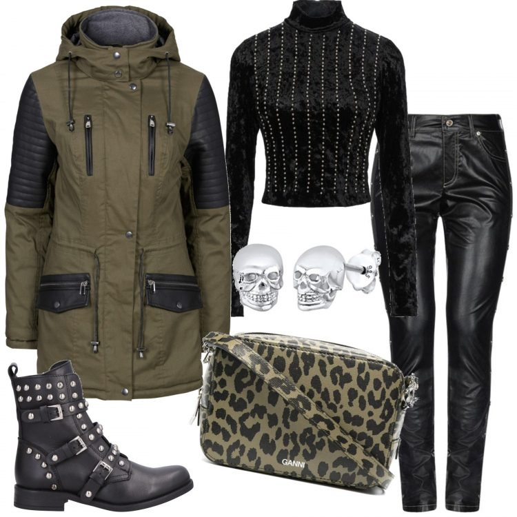 Outfit donna - Anima Rock. Stile Rock per Tutti i giorni. Abbinamento con parka, pantaloni, t-shirt, stivaletti, borse a tracolla, orecchini.