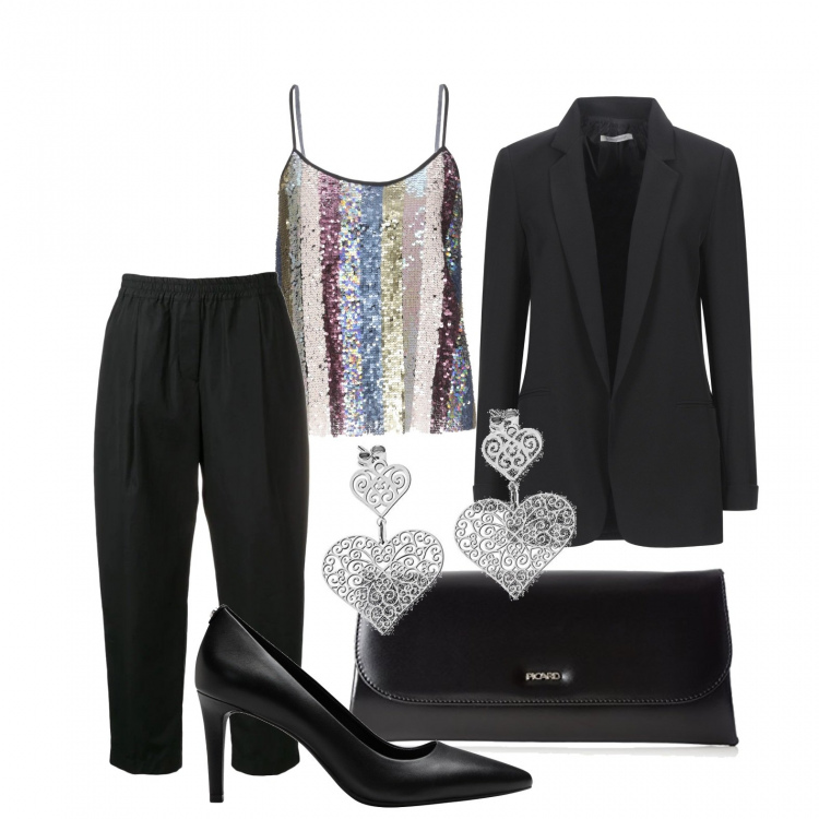 Outfit donna - Aperitivo con i colleghi. Stile Trendy per Serata fuori. Abbinamento con décolleté, top, blazer, pantaloni a palazzo, pochette, orecchini.