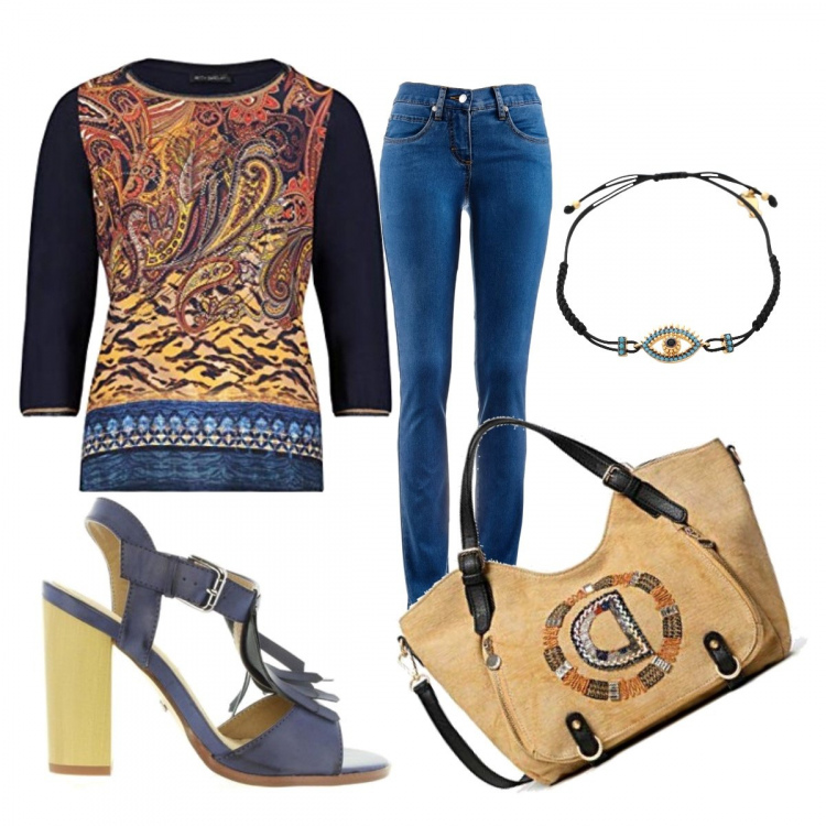 Outfit donna - Urban outfit. Stile Urban per Tutti i giorni. Abbinamento con jeans dritti, braccialetti, décolleté, borse a mano, t-shirt.
