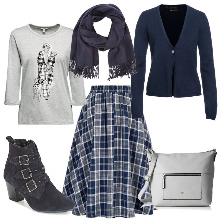 Outfit donna - Gonna e cardigan. Stile Urban per Tutti i giorni. Abbinamento con cardigans, stivaletti, gonne, t-shirt, borse tote, sciarpe.