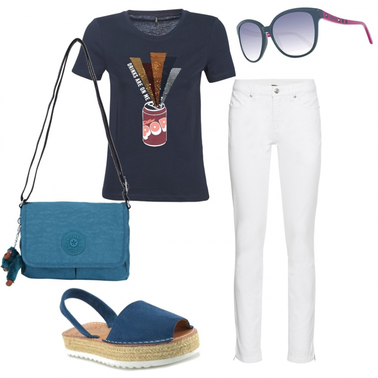Outfit donna - Basic #8388. Stile Basic per Tutti i giorni. Abbinamento con jeans skinny, borse a tracolla, t-shirt, sandali, occhiali da sole.