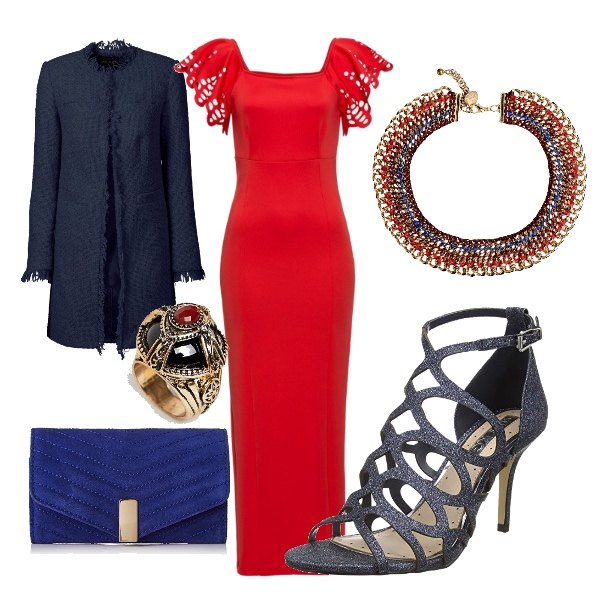 Outfit donna - Vintage. Stile Sexy per Cerimonia. Abbinamento con blazer, anello petite oro, pochette petite blu.