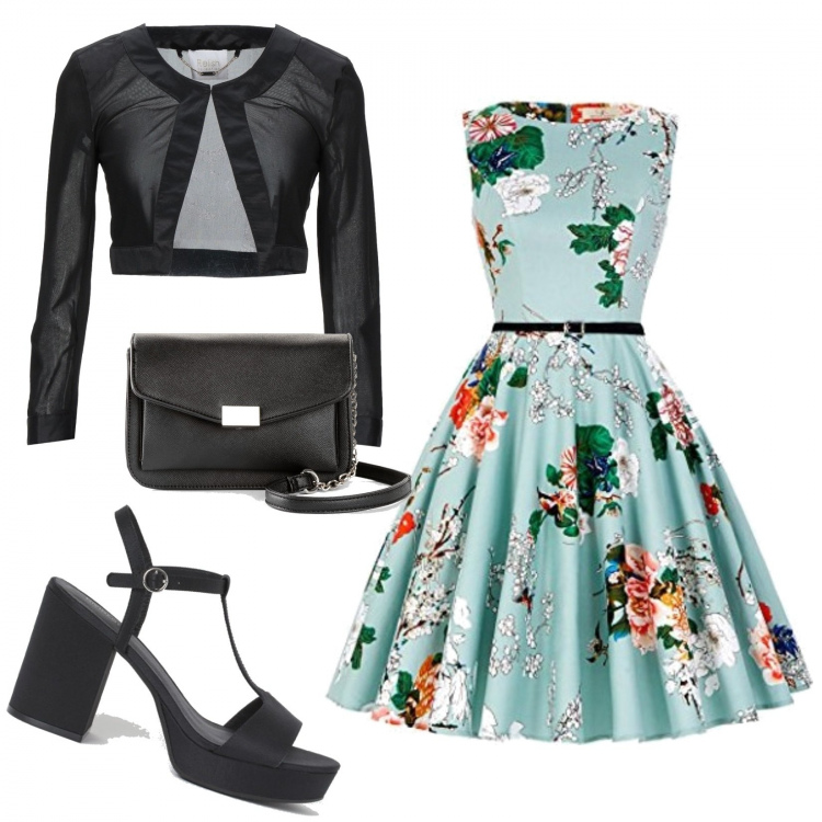 Outfit donna - Vestito floreale. Stile Chic per Cerimonia. Abbinamento con vestiti midi/longuette, blazer, vestiti senza maniche, sandali col tacco.