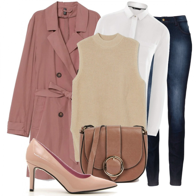 Outfit donna - Monday style - Pink and jeans. Stile Urban per Ufficio. Abbinamento con jeans skinny, borse a tracolla, camicie, trench, gilet, décolleté.