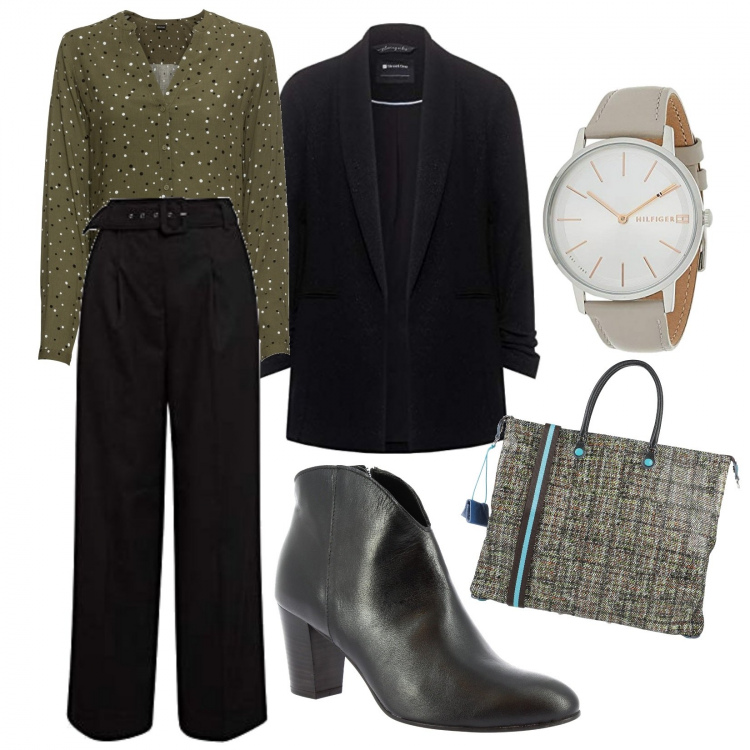 Outfit donna - Colloquio di lavoro. Stile Trendy per Ufficio. Abbinamento con camicie, borse a mano, stivaletti, pantaloni, blazer, orologi.