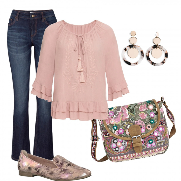 Outfit donna - Rosa cipria e jeans. Stile Basic per Serata fuori. Abbinamento con tuniche, jeans bootcut, bermuda, orecchini, mocassini.