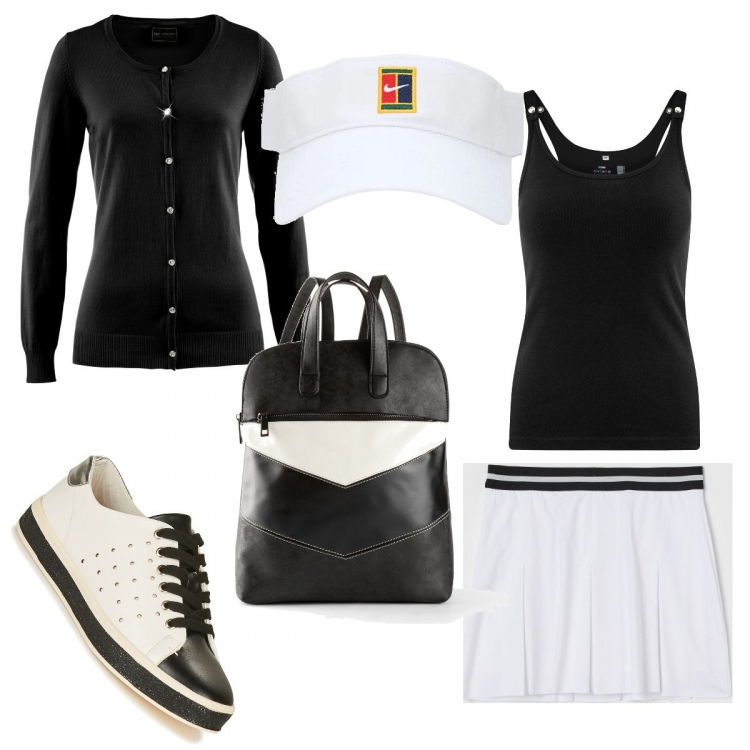 Outfit donna - Agli allenamenti di tennis!. Stile Basic per Sport. Abbinamento con cardigans, zaini, sneakers, minigonne, cappelli con visiera, canottiere.
