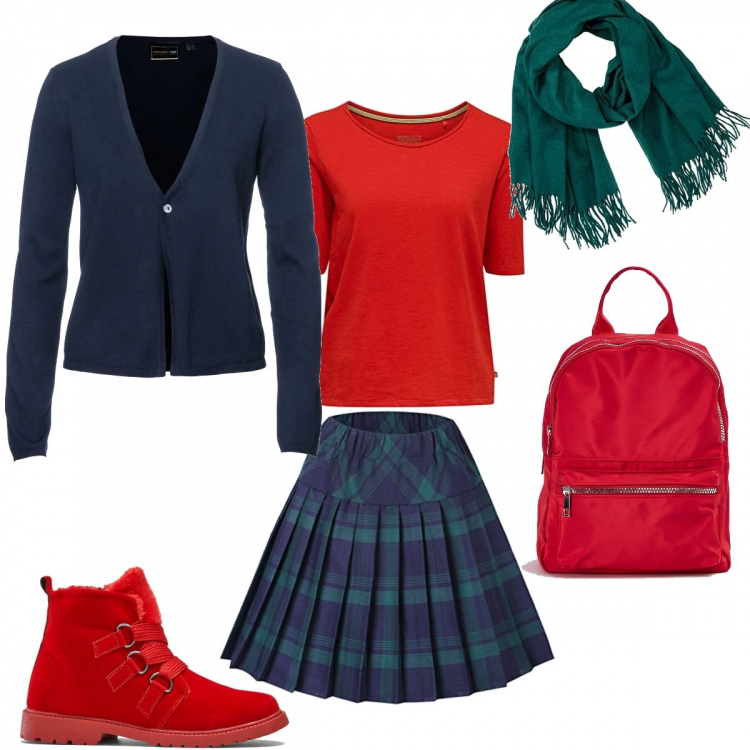 Outfit donna - Stile college con brio. Stile Urban per Scuola/Università. Abbinamento con cardigans, stivaletti, zaini, gonne, pullovers, sciarpe.