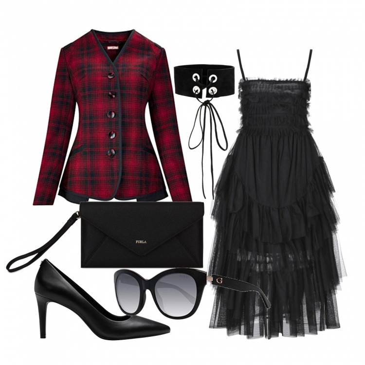 Outfit donna - Gotica di giorno, unica. Stile Trendy per Tutti i giorni. Abbinamento con décolleté, vestiti midi/longuette, pochette, collane, blazer, occhiali da sole.