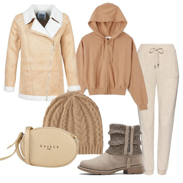 Outfit donna - Freddo non ti temo!. Stile Basic per Tutti i giorni. Abbinamento con stivaletti, borse a tracolla, felpe con cappuccio, cappotti, pantaloni, cappelli con visiera.