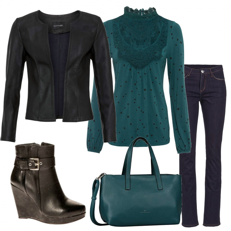 Outfit donna - Pizzo color petrolio. Stile Rock per Serata fuori. Abbinamento con maglieria, giacche, jeans, stivaletti, borse tote.