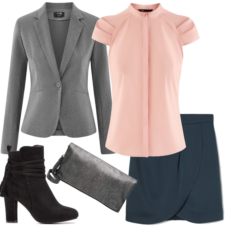 Outfit donna - Colori caldi. Stile Chic per Ufficio. Abbinamento con stivaletti, camicie a manica corta, minigonne, blazer, pochette.