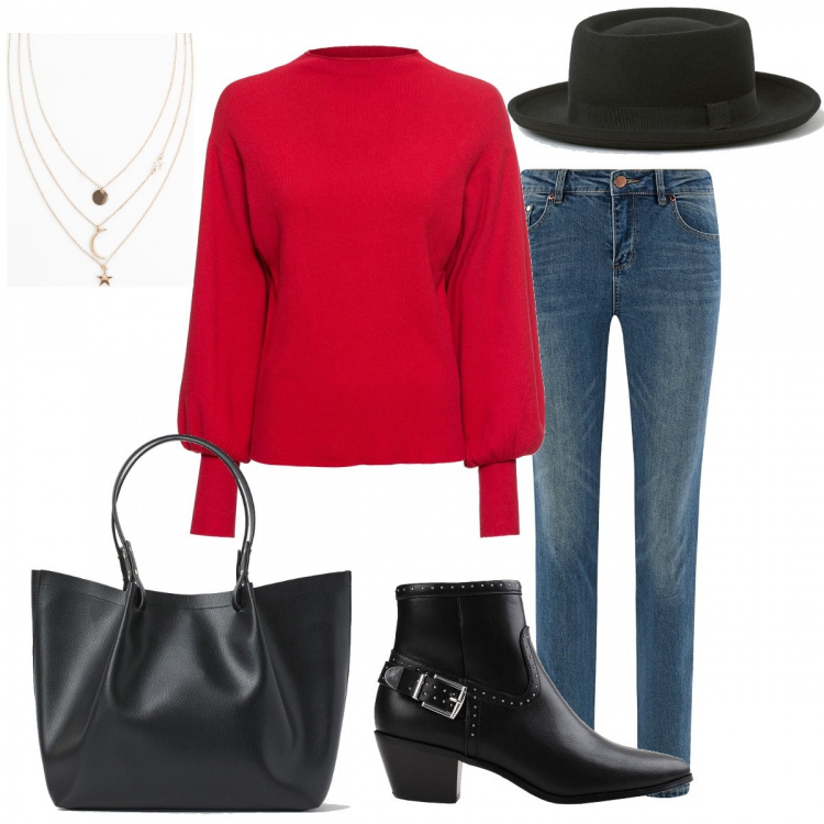 Outfit donna - Commissioni da fare. Stile Trendy per Tutti i giorni. Abbinamento con maglieria, collane, stivaletti, shopping bag, jeans slim fit, cappelli.