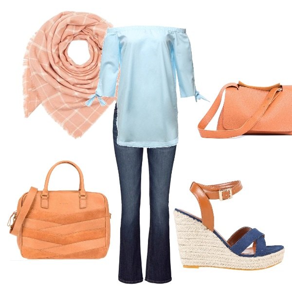 Outfit donna - Il sole e il mare in ufficio. Stile Trendy per Ufficio. Abbinamento con jeans bootcut, borsa a tracolla marrone, sandali con zeppe e lacci incrociati in pelle sintetica, blusa con spalle scoperte in cotone.