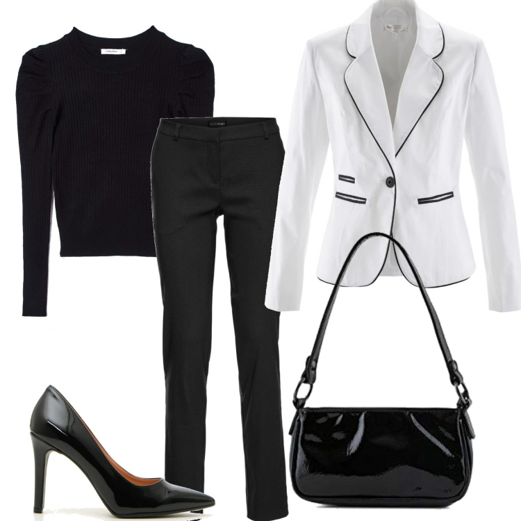 Outfit donna - Bianco e nero. Stile Chic per Ufficio. Abbinamento con pantaloni, blazer, maglieria, borse a tracolla, décolleté.