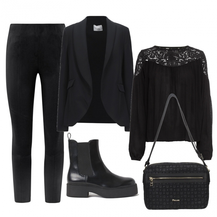 Outfit donna - A scuola. Stile Basic per Scuola/Università. Abbinamento con tuniche, blazer, borse a tracolla, leggings, stivaletti.