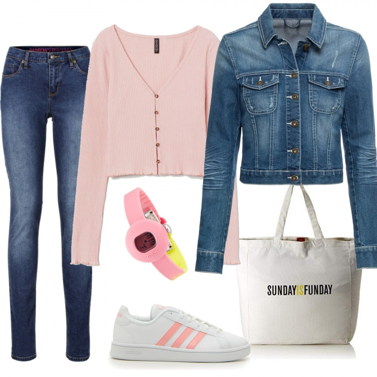 Outfit donna - A lezione con la tote bag. Stile Basic per Scuola/Università. Abbinamento con jeans skinny, blazer, sneakers, cardigans, shopping bag, orologi digitali.