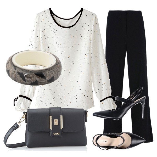 Outfit donna - Ufficio Black And White. Stile Bon Ton per Ufficio. Abbinamento con bracciale fantasia, pantalone a sigaretta con bande laterali vita alta con zip crêpe.