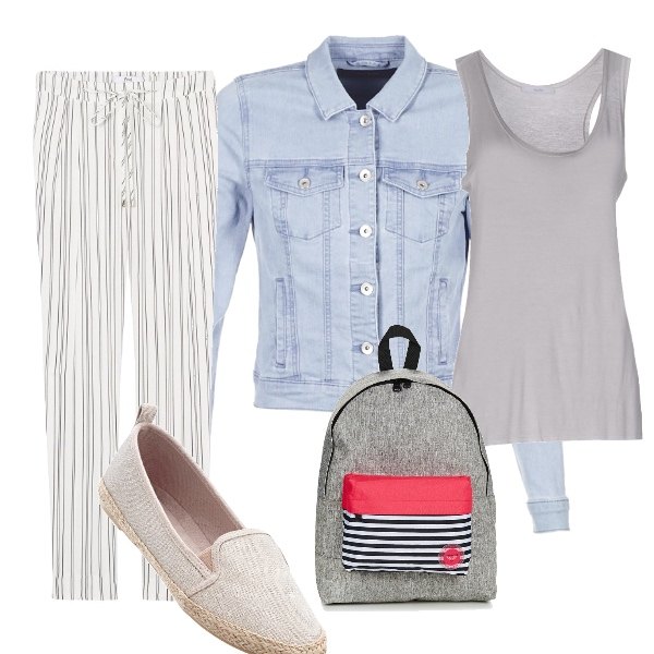 Outfit donna - Passeggiata in campagna. Stile Basic per Tutti i giorni. Abbinamento con canottiera collo tondo senza maniche jersey, espadrillas oro, giacca in denim blu, pantalone.