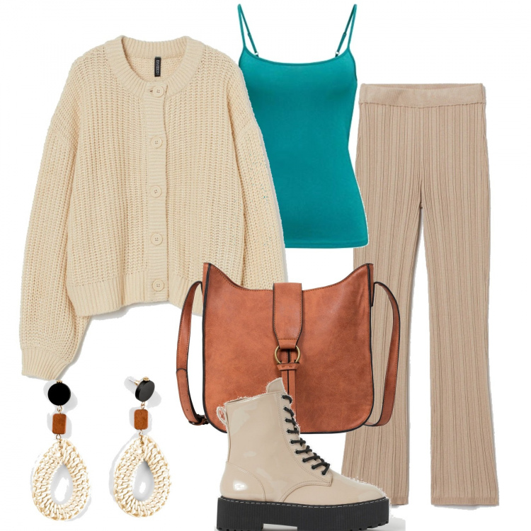 Outfit donna - Il top in turchese. Stile Basic per Tutti i giorni. Abbinamento con borse a tracolla, orecchini, pantaloni, stivaletti, cardigans, t-shirt.
