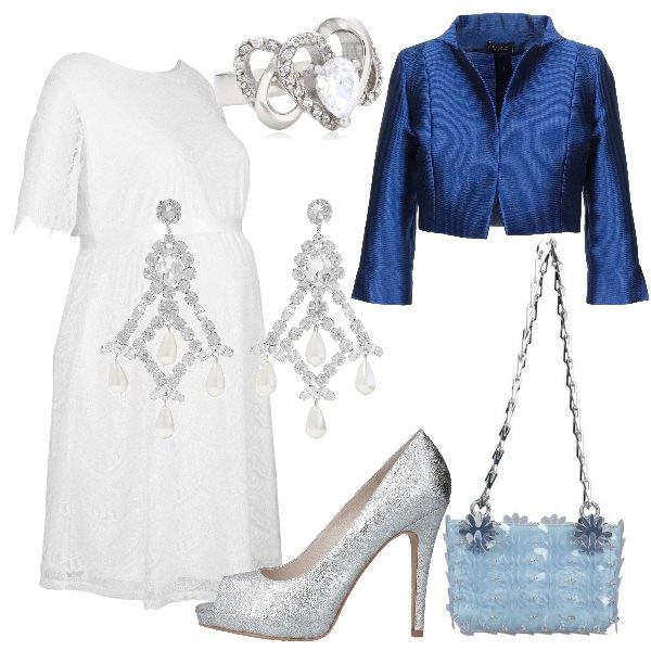 Outfit donna - Chic #9010. Stile Chic per Cerimonia. look ideale per Premaman. Abbinamento con vestiti, borse a tracolla, orecchini, blazer, décolleté, anelli.