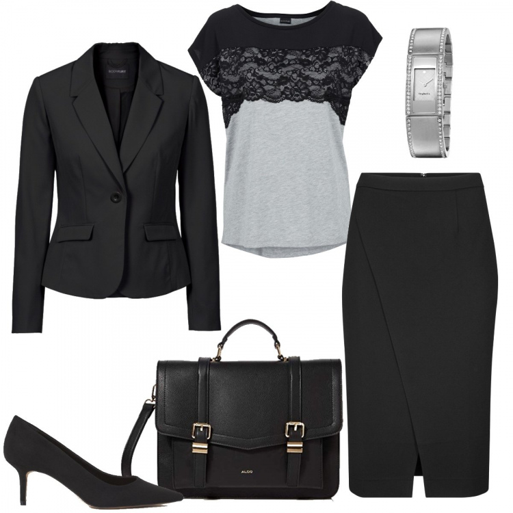 Outfit donna - Impeccabile al colloquio di lavoro. Stile Bon Ton per Ufficio. Abbinamento con blazer, gonne longuette, maglieria, borse messenger, décolleté, orologi.