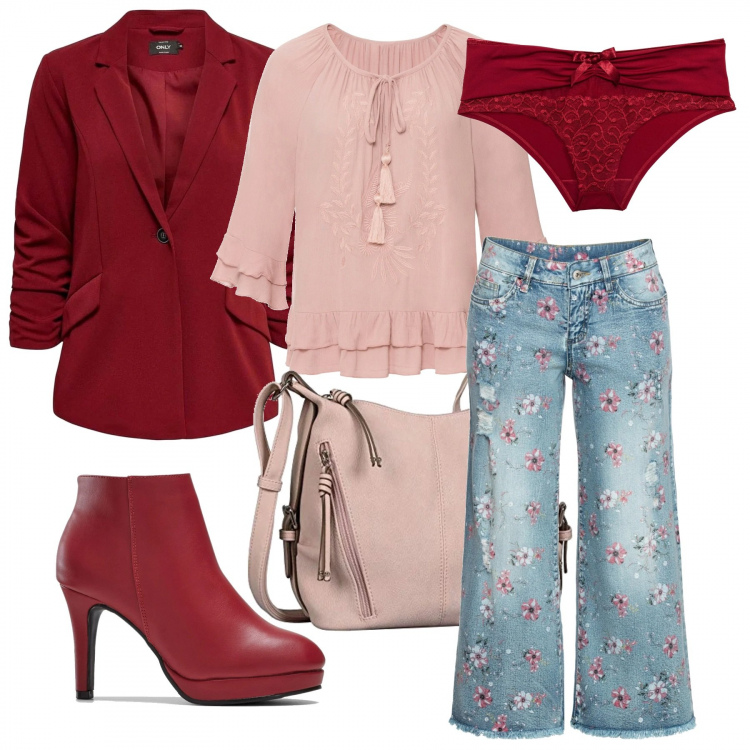 Outfit donna - Note di primavera. Stile Trendy per Tutti i giorni. Abbinamento con tuniche, jeans, stivaletti, slip, cappotti, borse a tracolla.