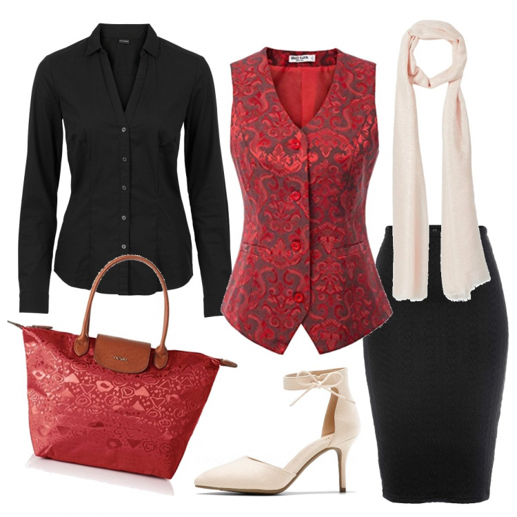 Outfit donna - Gilet damascato OLDRISA. Stile Bon Ton per Ufficio. Abbinamento con camicie, gonne, décolleté, sciarpe, gilet, borse tote.