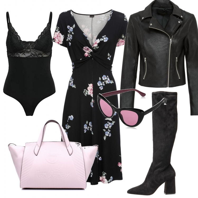 Outfit donna - Curvy a fiori lowcost. Stile Trendy per Tutti i giorni. Abbinamento con vestiti lunghi, giacche, stivali, borse a mano, body, occhiali da sole.