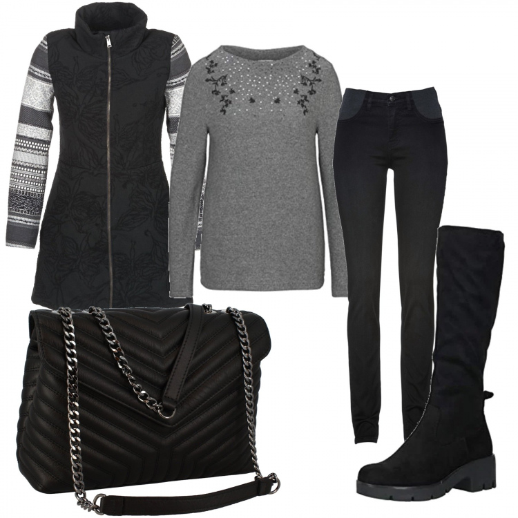Outfit donna - Urban #5307. Stile Urban per Tutti i giorni. Abbinamento con jeans skinny, borse a tracolla, cappotti, felpe, mocassini.
