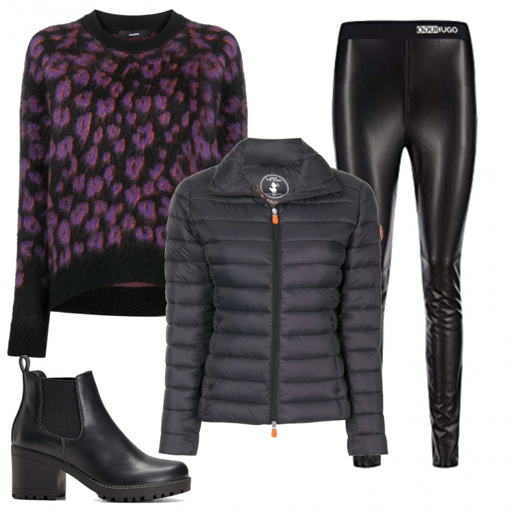 Outfit donna - Al parco. Stile Basic per Tutti i giorni. Abbinamento con stivaletti chelsea, piumini, maglioni, pantaloni.