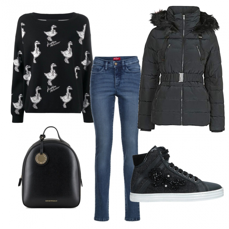 Outfit donna - A scuola. Stile Basic per Scuola/Università. Abbinamento con jeans slim fit, sneakers alte, maglioni, piumini, zaini.