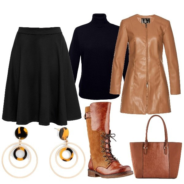 Outfit donna - Dolcevita nera. Stile Urban per Tutti i giorni. Abbinamento con gonne, maglieria, blazer, vestiti midi/longuette, orecchini, stivali.