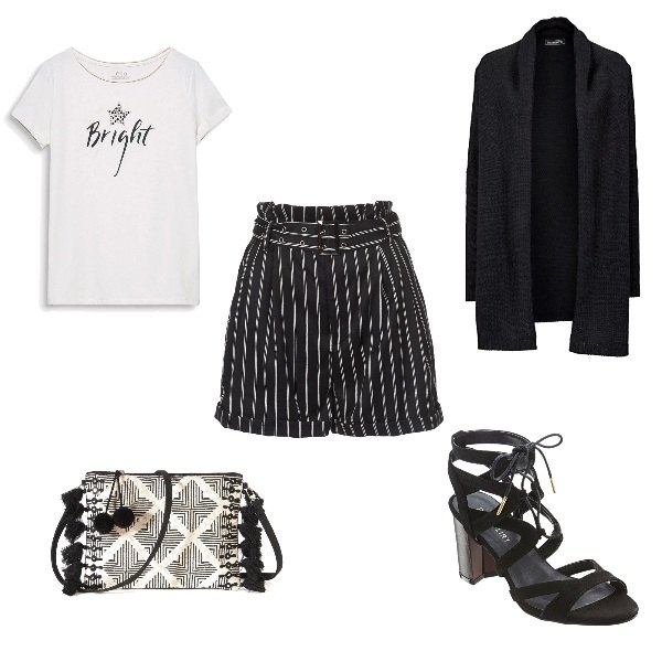 Outfit donna - Il chiaroscuro e la semplicità. Stile Trendy per Tutti i giorni. look ideale per Petite. Abbinamento con cardigans, shorts nero, pochette senza tasche fantasia, t-shirt grigio.