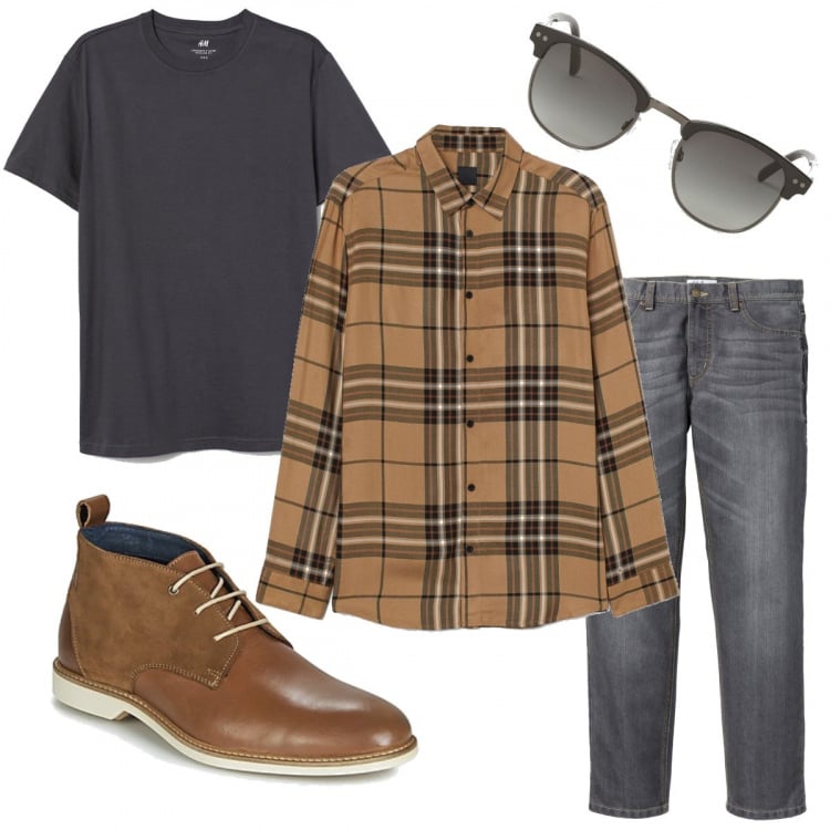 Outfit uomo - La camicia beige a quadri. Stile Trendy per Serata speciale. Abbinamento con jeans dritti, stivali e stivaletti, occhiali da sole, t-shirt, camicie.
