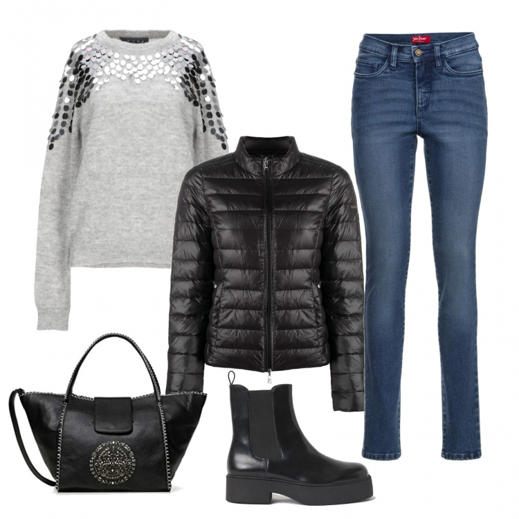 Outfit donna - A scuola. Stile Basic per Tutti i giorni. Abbinamento con jeans slim fit, pullovers, piumini, borse a mano, stivaletti.