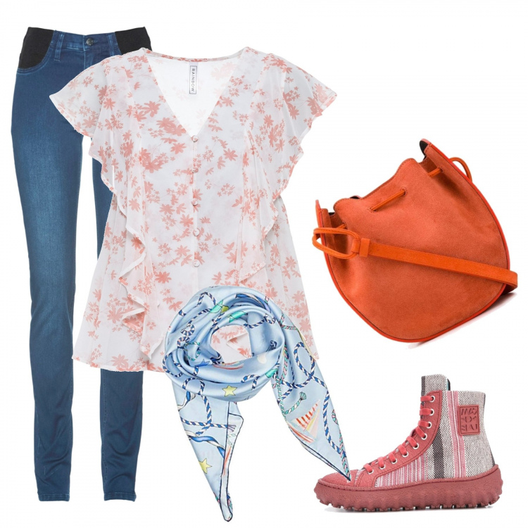 Outfit donna - Mattina in fiore. Stile Basic per Tutti i giorni. Abbinamento con jeans skinny, camicie a manica corta, sneakers alte, borse a secchiello, foulard.